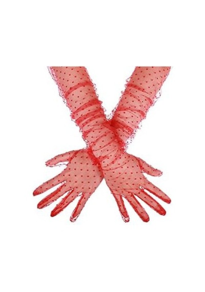 Uzun - 955 - Boy Kırmızı Puantiyeli Kırmızı Renk Yetişkin Tül Eldiven - Edntrend - 55 Cm
