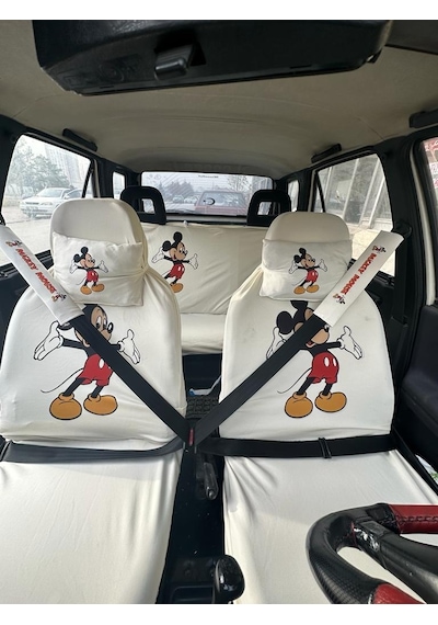 Mickey Mouse Oto Servis Kılıfı, Kemer Pedi, Yastık Takımı Beyaz Beyaz