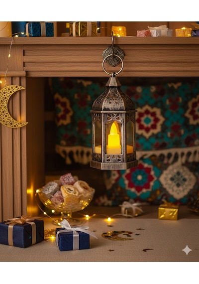 9 Cm Ramazan Ledli Eskitme Gümüş Fener - Pil Dahil Dekoratif Ramazan Feneri Diğer