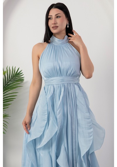 Kalopya Halter Yaka Eteği Fırfırlı Saten Elbise Eli6073 Mavi