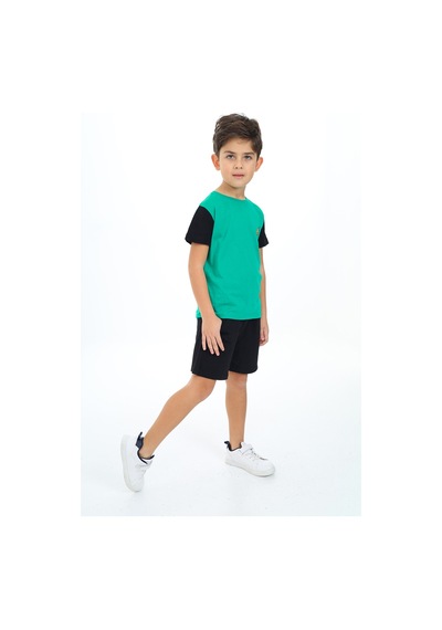 Toontoy Kids Toontoy Erkek Çocuk 2'li Takım Baskılı Bisiklet Yaka Tişört & Beli Lastikli Cepli Şort Koyu Yeşil