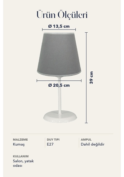 Şenay Aydınlatma Metal Ayaklı Konik Kumaş Abajur Masa Lambası 13,5 cm Gri