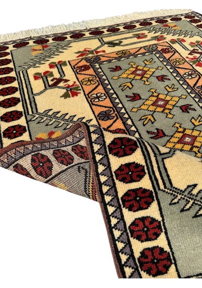 El Dokuma Sıfır Milas Halısı 100x135 Krem Turkuaz Bej Kök Boya