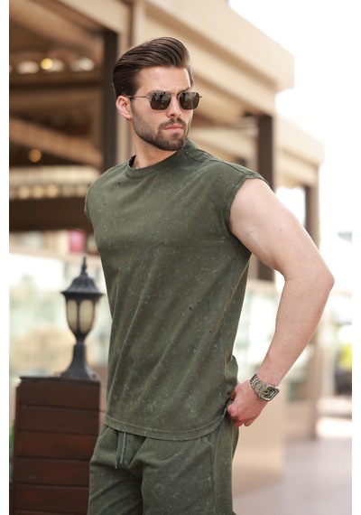 Madmext Haki Basic Erkek Yırtık Detaylı Şort T-shirt Takım E7319