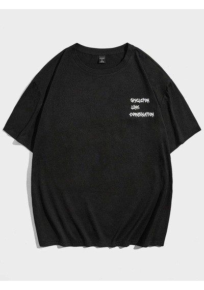Flood Of Style Erkek Siyah Skull Baskılı Oversize Bisiklet Yaka Tshirt