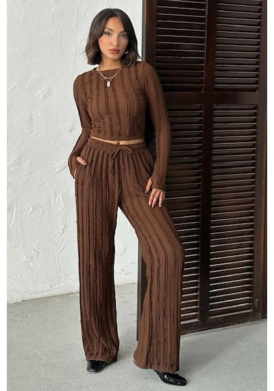 Trend Alisse Kahverengi Kışlık Premium Fitilli Parmak Geçmeli Crop Bluz Bol Paça Pantolon Takımı