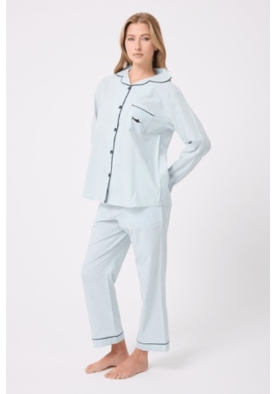 Lespadon Marısılk Seastrıpe Premium Dokuma Uzun Kollu Crop Pantolonlu Kadın Pijama & Lounge Takımı-3190 Yesil