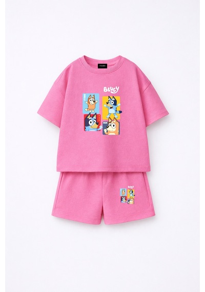 Fasardi Bluey Bingo Baskılı Oversize %100 Pamuk Tişört Şort Çocuk 2li Takım Pembe