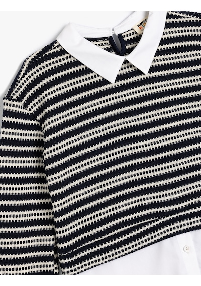Koton Gömlek Detaylı Sweatshirt Çift Kumaş Detaylı Lacivert Çizgili 5wkg10350ak 7s2