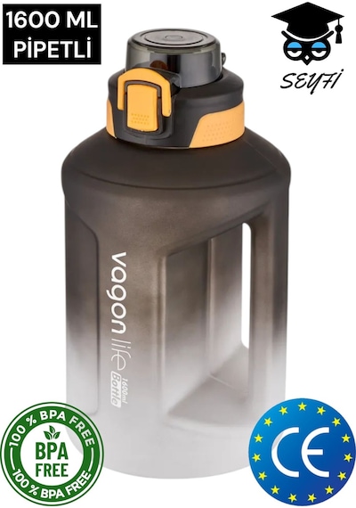 1600 Ml Çift Renk Pipetli Taşıma Askılı Ve Kulplu Motivasyon Su Matarası Vagonlife 2307 001