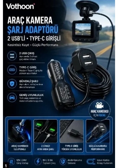 Ers- Araç Kamera Şarj Adaptörü 2 Usb Li Type-c Girişli 3.5 Metre Kablo Uzunluğu Ürün Kamera Değildir