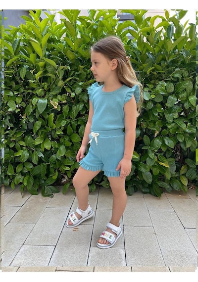 My Kids Wear Fırfırlı Kız Çocuk Şort Takım Mavi