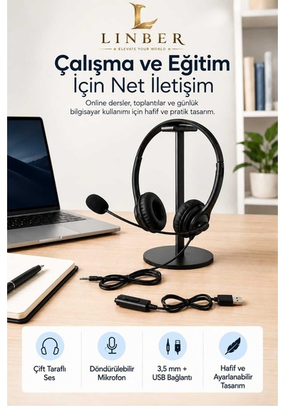 Mikrofonlu Kablolu Bilgisayar Kulaklığı 3,5 Mm Jack Ve Çıkarılabilir Usb Adaptörlü, Çift Kulaklı, Ayarlanabilir Ofis Ve Eğitim Kulaklığı Siyah