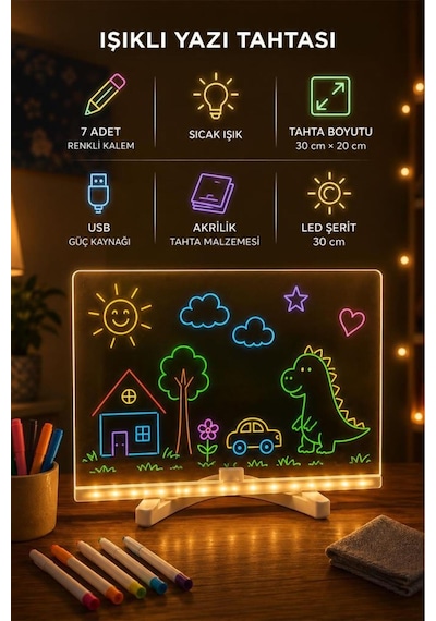 Led Işıklı Çizim Boyama Tahtası 7 Adet Kalem Hediyeli Neon Işıklı Eğitici Not Tahtası Lwb01 Şeffaf