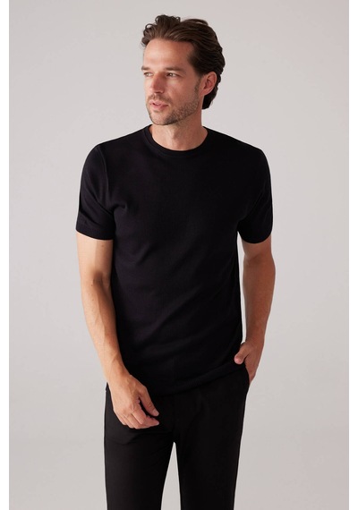 Erkek Siyah Slim Fit Bisiklet Yaka Yazlık Triko Tişört