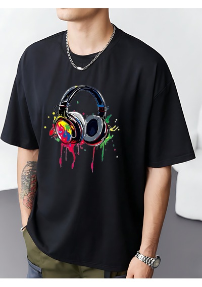 Kulaklık T-shirt - Baskılı Oversize Bisiklet Yaka Kısa Kol Tişört Siyah