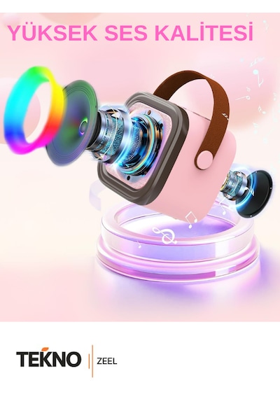 Teknozeel Çift Mikrofonlu Karaoke 5 Ses Efektli Rgb Işıklı Bluetooth Kablosuz Hoparlör Pembe Renk Ses Bombası