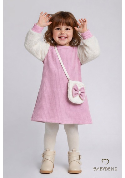 Babyden's Bayramlık Şık Ve Rahat Kız Bebek Elbise Çantalı Yumuşak Peluş Kollu Kışlık Çocuk Kombini Pembe