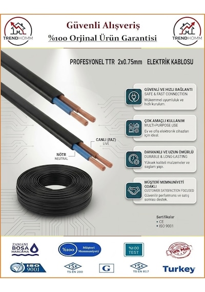 Trendhomm 2x0,75 Ttr Balık Sırtı Yassı Kablo - %100 Bakır - 20 Metre