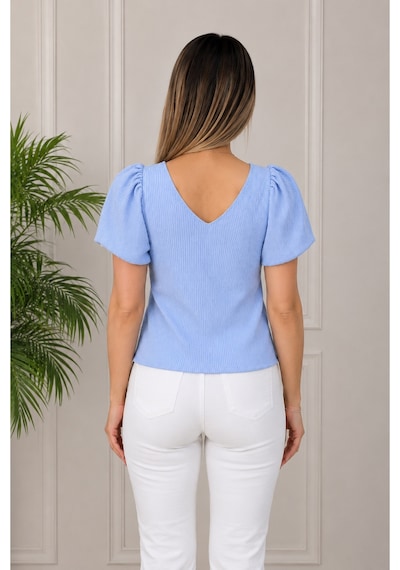 Gül&can Butik Kadın Mavi V Yaka Fitilli Dokulu Balon Kol Şık Günlük Triko Bluz Mavi