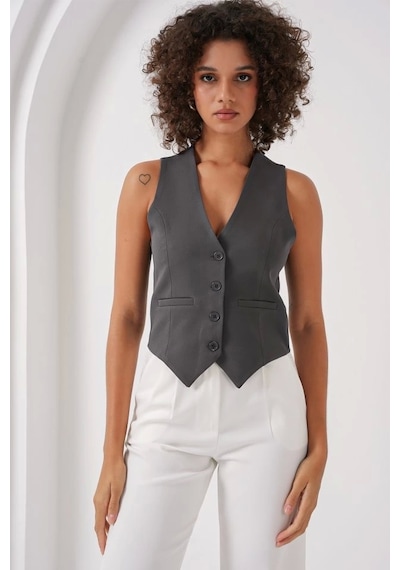 Defymoda 6796 Kısa Dokuma Yelek - Füme Füme