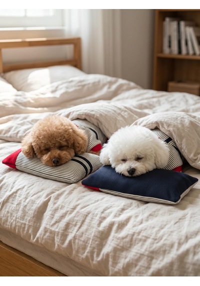 Yacht Club Marin Çizgili Köpek Uyku Takımı Lacivert Kırmızı Pamuklu Köpek Tulumu Ve Mini Yastık Küçük Irklar İçin