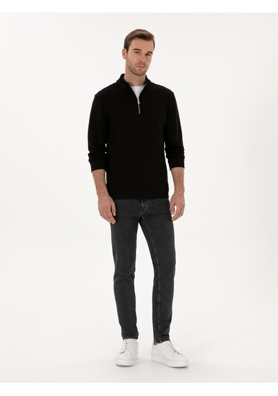 Siyah Regular Fit %100 Pamuk Yarım Fermuarlı Sweatshirt
