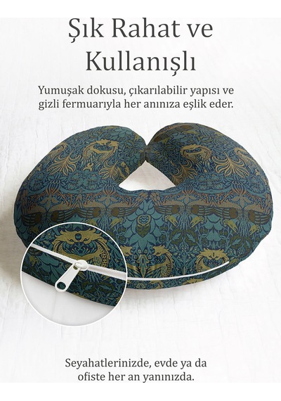 Doğal Motifli Ergonomik Boyun Yastığı - Klasik Yeşil Lacivert Yumuşak Seyahat Yastığı Metalik Gün Doğumu Ekru