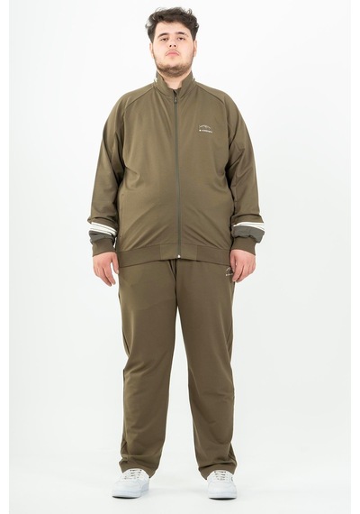 Maraton Sportswear Büyük Beden Erkek Dik Yaka Düz Paça Reglan Kol Basic Haki Eşofman Takımı 22392-Haki