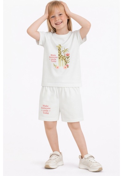 Name Baby & Kids Kız Çocuk Şortlu Yazlık Pijama Takımı Zürafa Temalı Nbk-6145 Ekru
