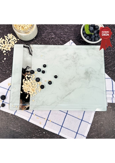 Kanallı Cam Kesme Tahtası - Mix White Şeritli - 25x35cm