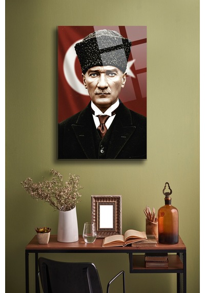 Atatürk Cam Tablo - Portre - Cam Tablo - Duvar Dekoru - Atatürk Portresi - Kaliteli Baskı Ata021 Atatürk Temalı Dekoratif Duvar Tablosu, Salon, Ofis Ve Çalışma Alanı Dekoru,