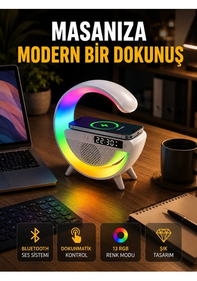 13 Renk Seçenekli Kablosuz Şarj Cihazlı Led Lamba - Lisinya Beyaz