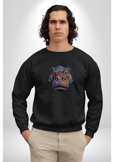 Su Aygırı Hipopotamo Renkli Unisex Siyah Baskılı Sweatshirt Siyah