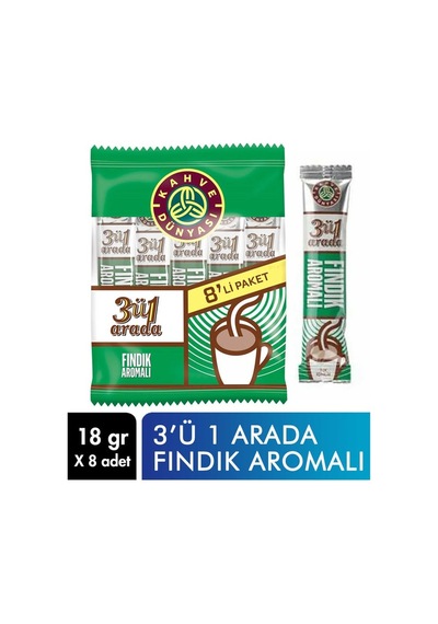 Kahve Dünyası Hazır Kahve 18 Gr X 8'li Paket 3'ü 1 Arada Fındık Aromalı 8'li Paket 18 G