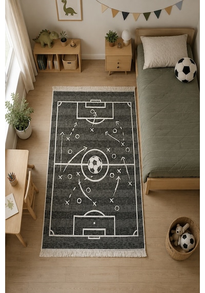 Lorvian Noletti Çocuk Odası Kilimi Pamuklu Futbol Sahası Desenli Makinede Yıkanabilir Uygun Kilim Evm26829a Renkli