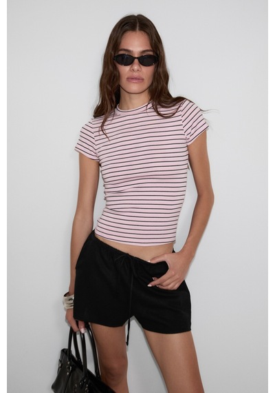 Grımelange Hopewell Kadın Yuvarlak Yaka Örme Slim Fit Pembe-siyah-beyaz Çizgili T-shirt