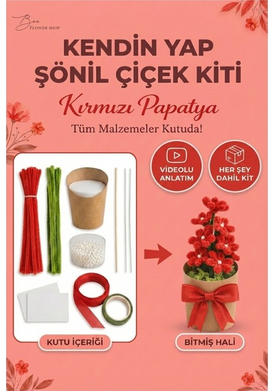 Kırmızı Şönil Papatya Yapım Kiti Şönil Hobi Seti - Sevgiliye Hediye,romantik Kendin Yap Seti Dıy