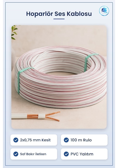 Hoparlör Ses Kablosu 2x0,75 Mm 100 M Saf Bakır Pvc Ev Sinema Stüd