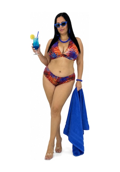 Büyük Beden Bağlamalı Üçgen Desenli Sabit Kap Boyundan Bağlamalı Kadın Bikini Takımı