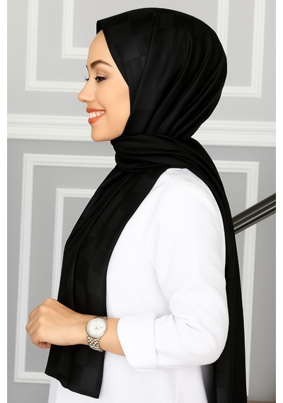 Mim Eşarp Emproyal Silver Jakar Dama Desenli Şal 75x190 Cm Siyah