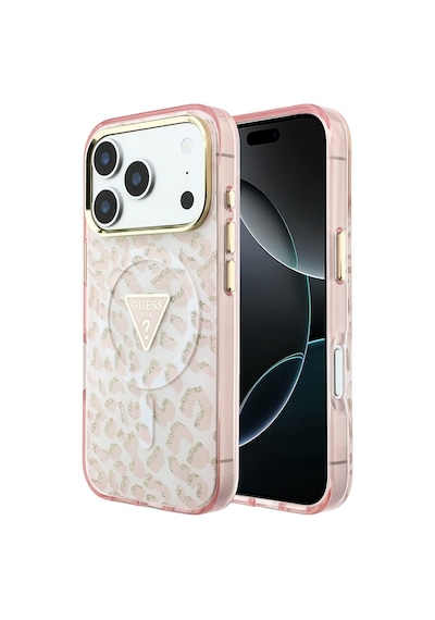 Apple iPhone Uyumlu 18 Pro Max Kılıf Guess Lisanslı M-safeli Üçgen Logolu Simli Leopar Desenli Kapak Pembe