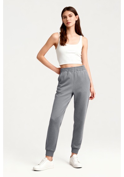 Tommy Life Gri Melanj Yüksek Bel Jogger Rahat Form Manşetli Kadın Eşofman Alt - 94561 GRİ MELANJ