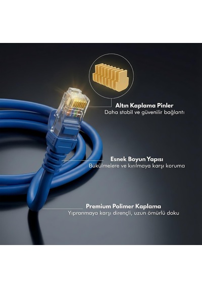 Cat6 Ethernet Kablosu 20 Metre - 1000 Mbps E Kadar Veri Aktarımı - Fabrikasyon Rj45 Konnektörlü - Mavi