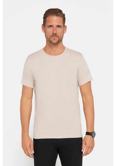 Tudors Erkek Slim Fit Dar Kesim Pamuklu Likralı Esnek Kumaş Basic Taş Renk Bisiklet Yaka Tişört-27719 Taş