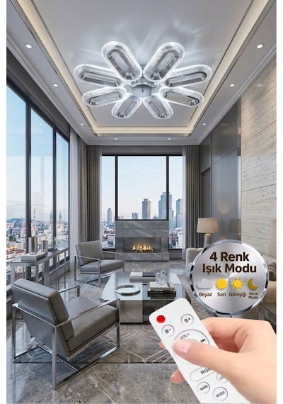 LumiaLighting Eclipse Model 8'li Kumandalı Gümüş 3 Renk Modu Ledli Tavana Sıfır Salon Mutfak Çocuk Yatak Odası Led Avize