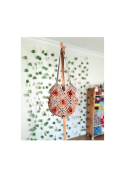 Melonndesign El Yapımı Örgü Ayçiçeği Motif Çanta Çok renkli