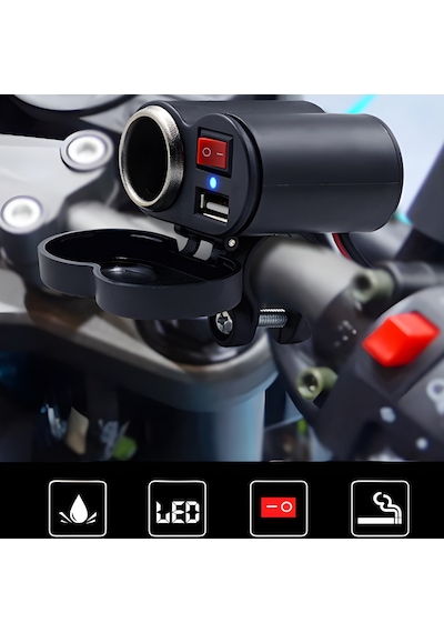 Motosiklet Gidon Tipi Su Geçirmez Usb Şarj Soketi Ve Çakmaklık - Led Göstergeli & Açma/kapama Anahtarlı