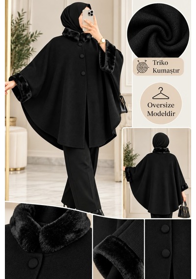 Genel Markalar Novea Scarf Siyah Şık Model Kürklü Triko Panço Siyah - 939489263 Siyah