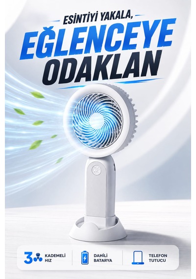 Şarjlı Taşınabilir Mini El Fanı 3 Kademeli Hız Ayarlı Telefon Standlı Vantilatör Gri